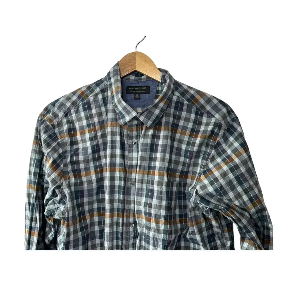 Banana Republic Soft Wash Tailored Slim Fit Button Down Plaid Shirt Men's XL